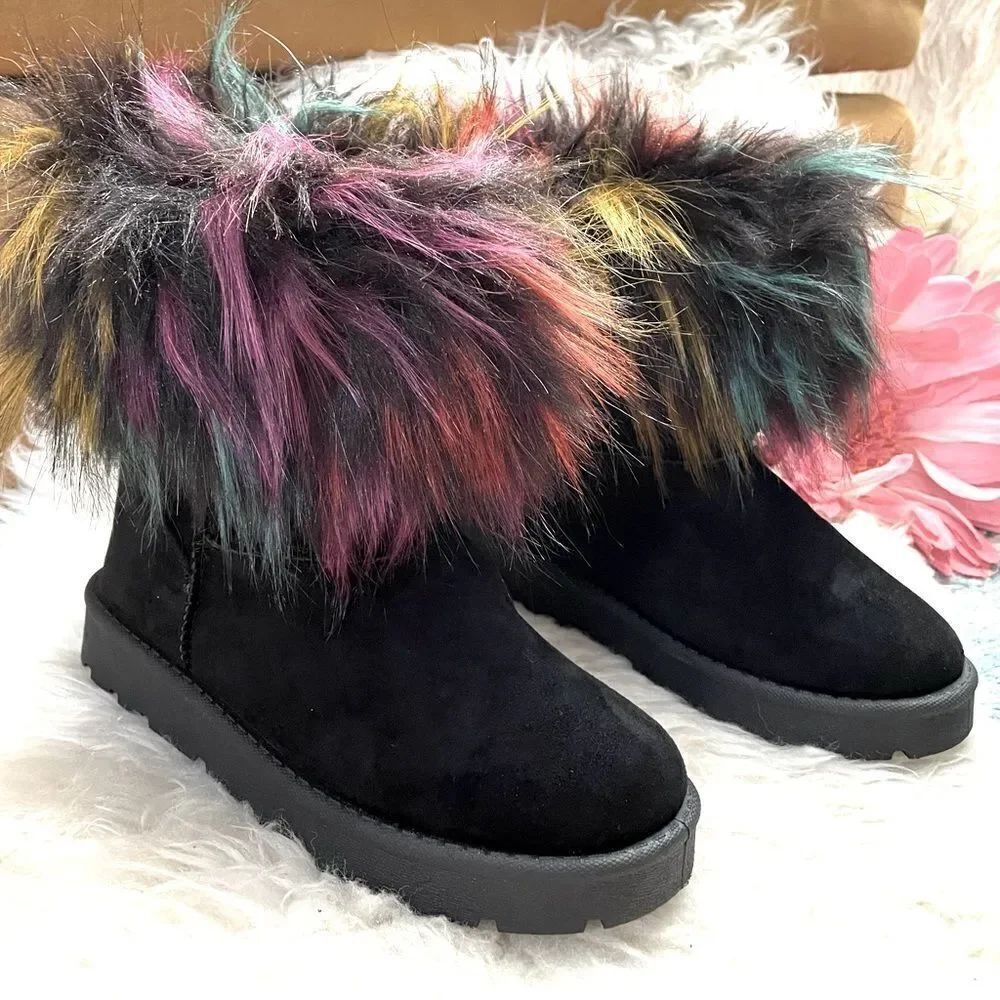 ROUGE HELIUM Colorful Faux Fur Black Suede Ankle Boots 7